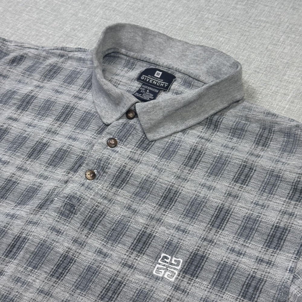 Givenchy Activewear Vintage Polo Shirt Mens Large Gray Cotton Viscose Plaid